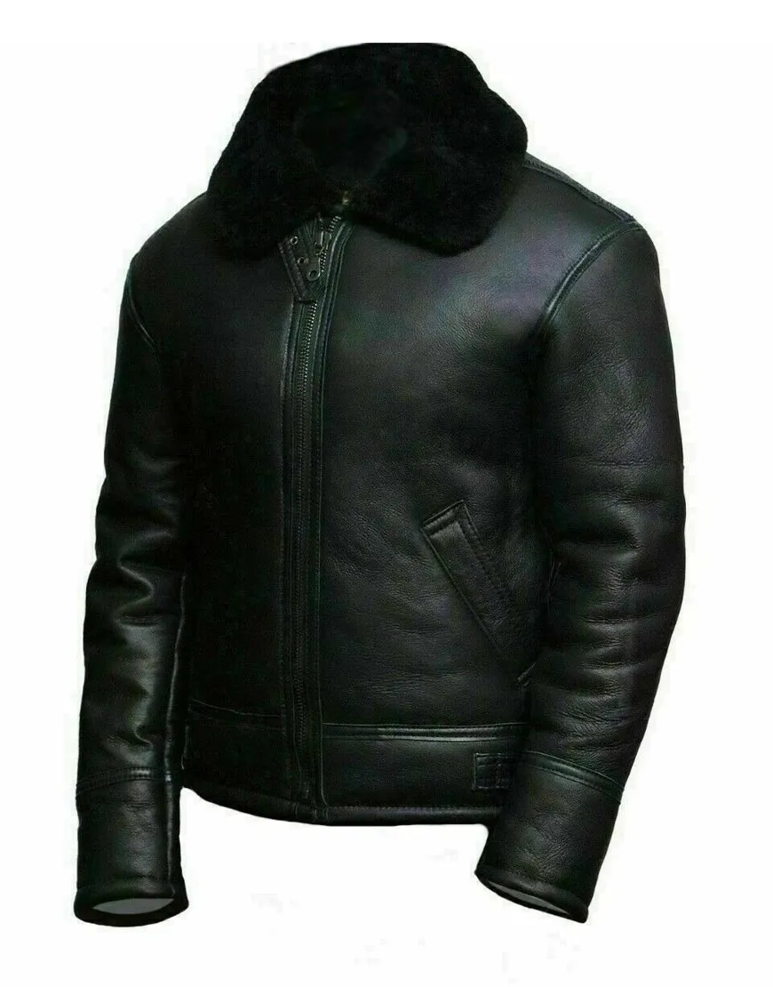 Men's Black Aviator Bomber Jacket | Sheepskin Black Real Leather Jacket